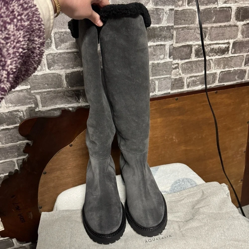 NEW AQUATALIA SHEARLING FUR LINED Mikenna Grey Suede Knee High Boots